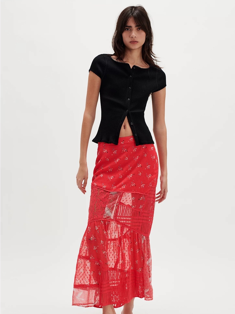 Free People Daniella Lace Patchwork Boho Maxi Skirt in Poppy Red XS